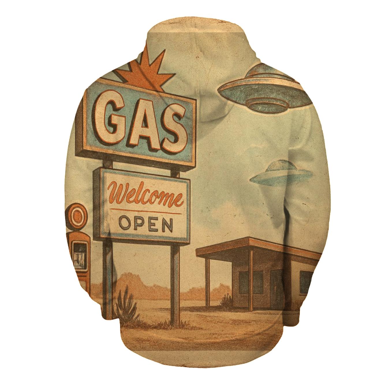 Sepia Desert Gas Station UFO Stop 1959 printed hoodies