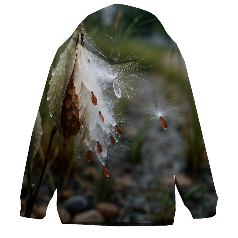 Rain Garden Milkweed Pods Releasing Silk Floss zip-up hoodies