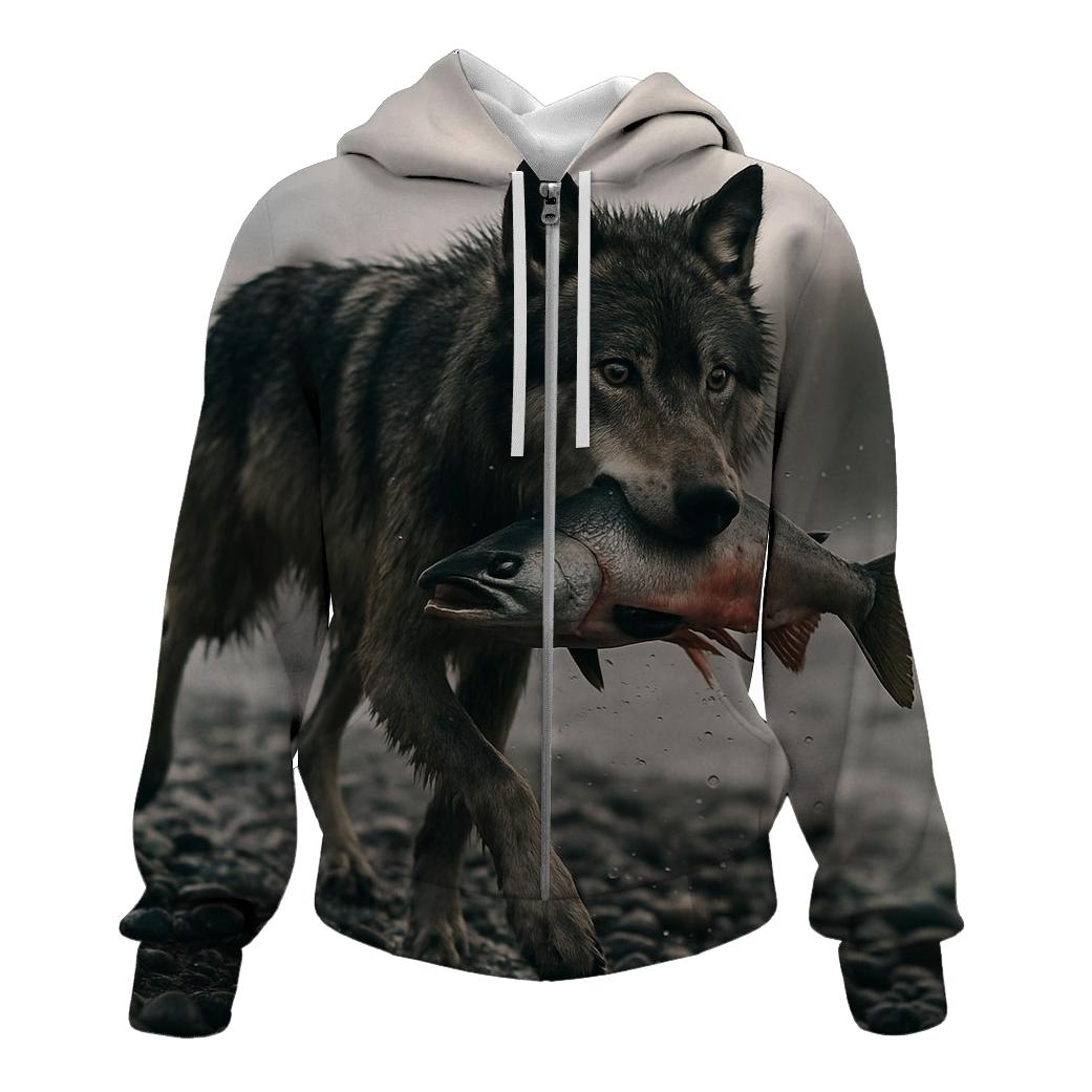 Salt Spray Salmon Run Wolf embroidered hoodies