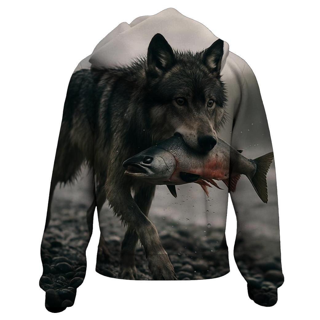 Salt Spray Salmon Run Wolf embroidered hoodies