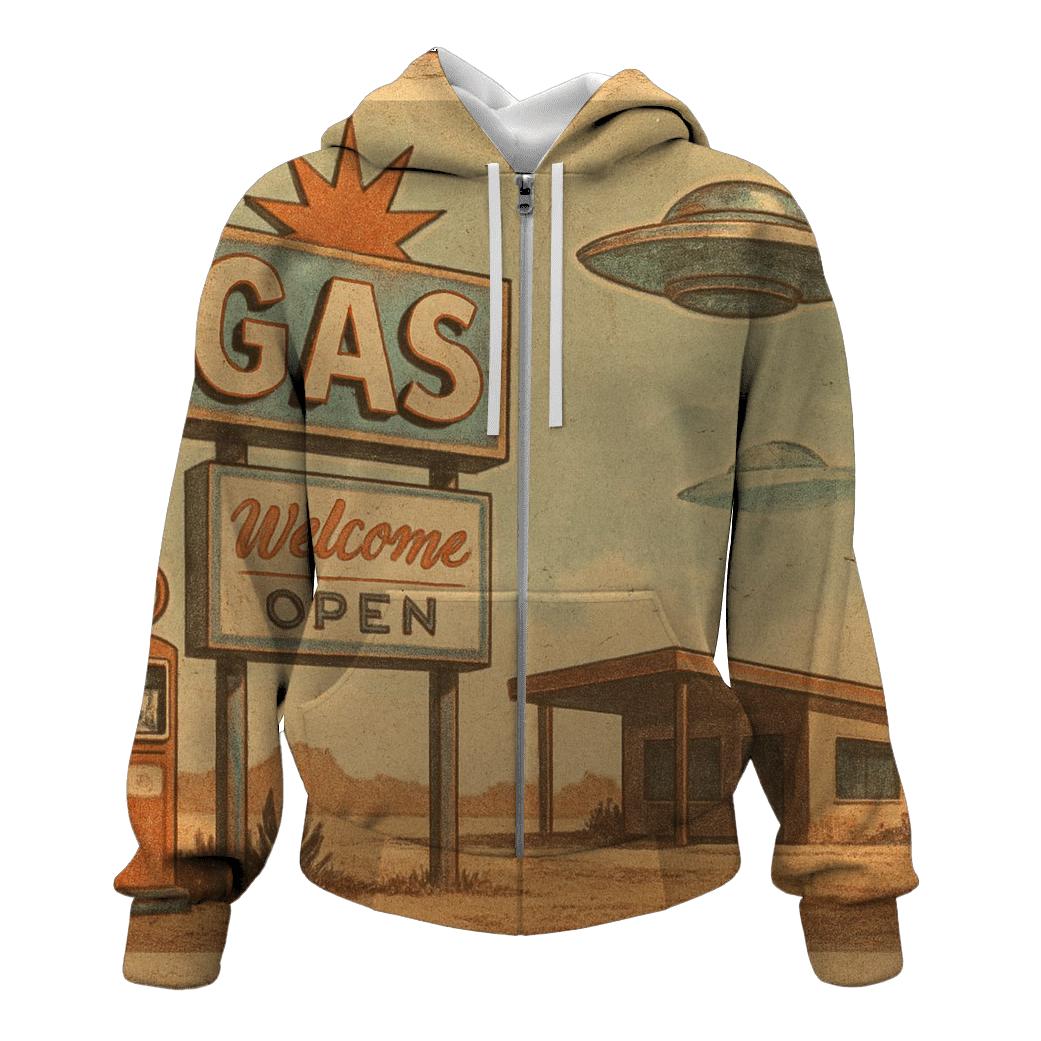 Sepia Desert Gas Station UFO Stop 1959 lightweight hoodies