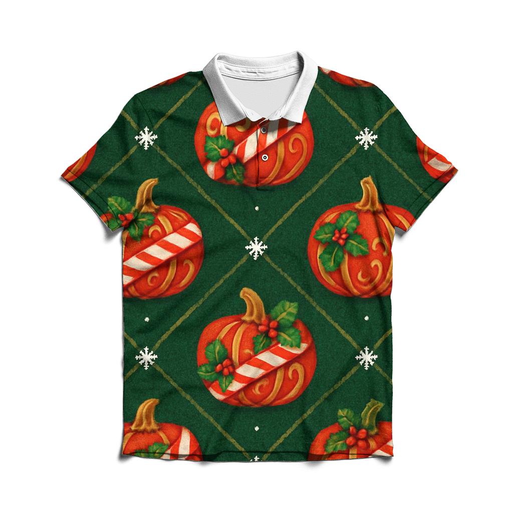 Candy Cane Pumpkin Lattice On Deep Green Background custom polo shirts