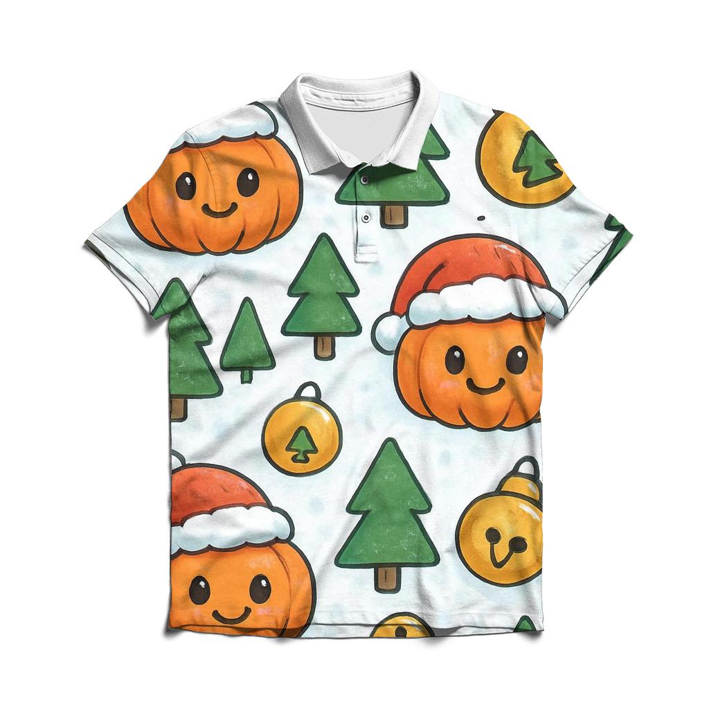 Snowy Christmas Pumpkin Patch Grid On White Background branded logo polo shirts