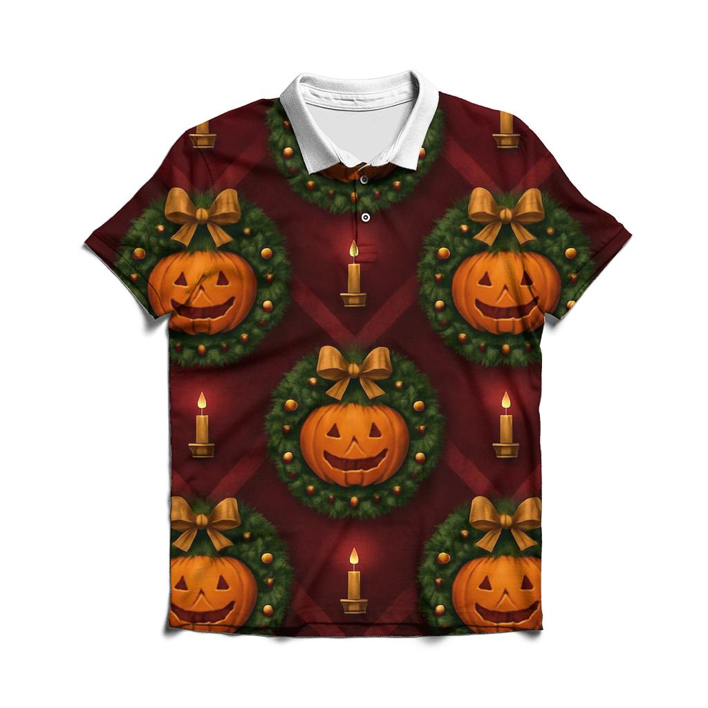 Gilded Wreath Pumpkin Chevron On Burgundy Background custom polo shirts