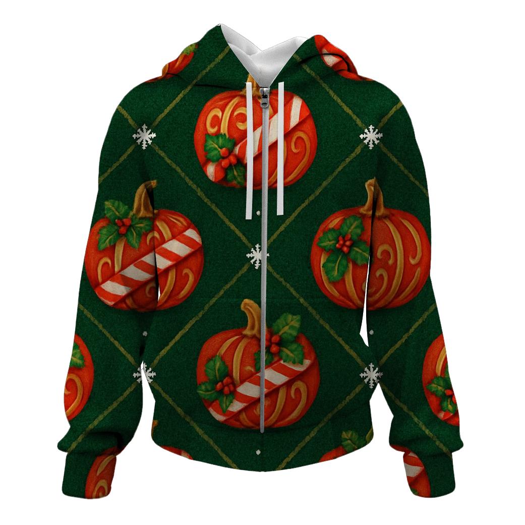 Candy Cane Pumpkin Lattice On Deep Green Background embroidered hoodies