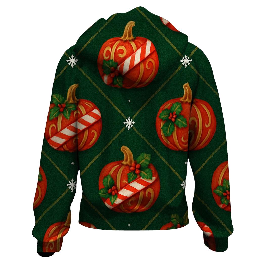 Candy Cane Pumpkin Lattice On Deep Green Background embroidered hoodies