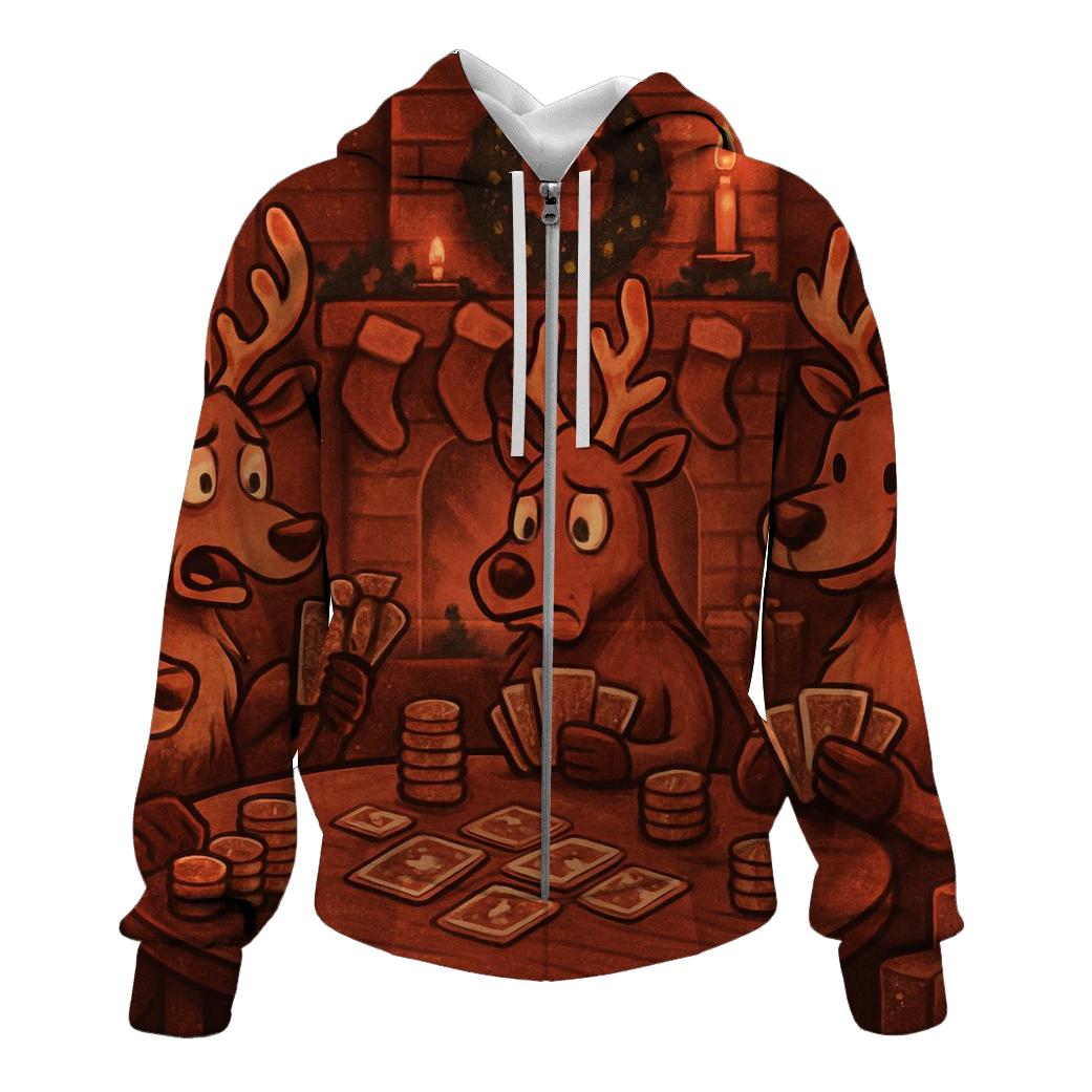 Reindeer Poker Night By The Fireplace printed hoodies