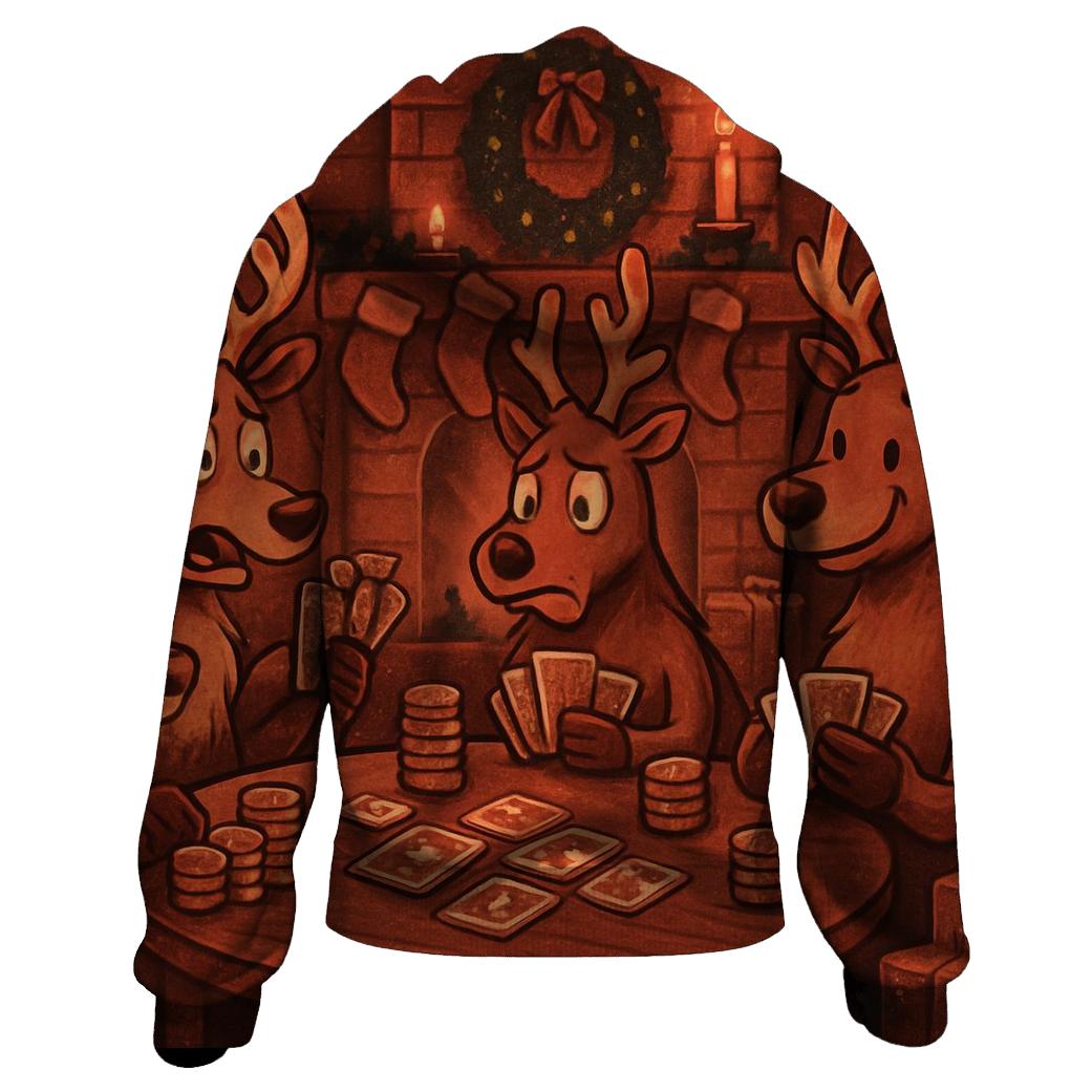 Reindeer Poker Night By The Fireplace printed hoodies