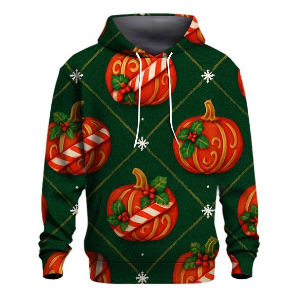 Candy Cane Pumpkin Lattice On Deep Green Background heavyweight hoodies