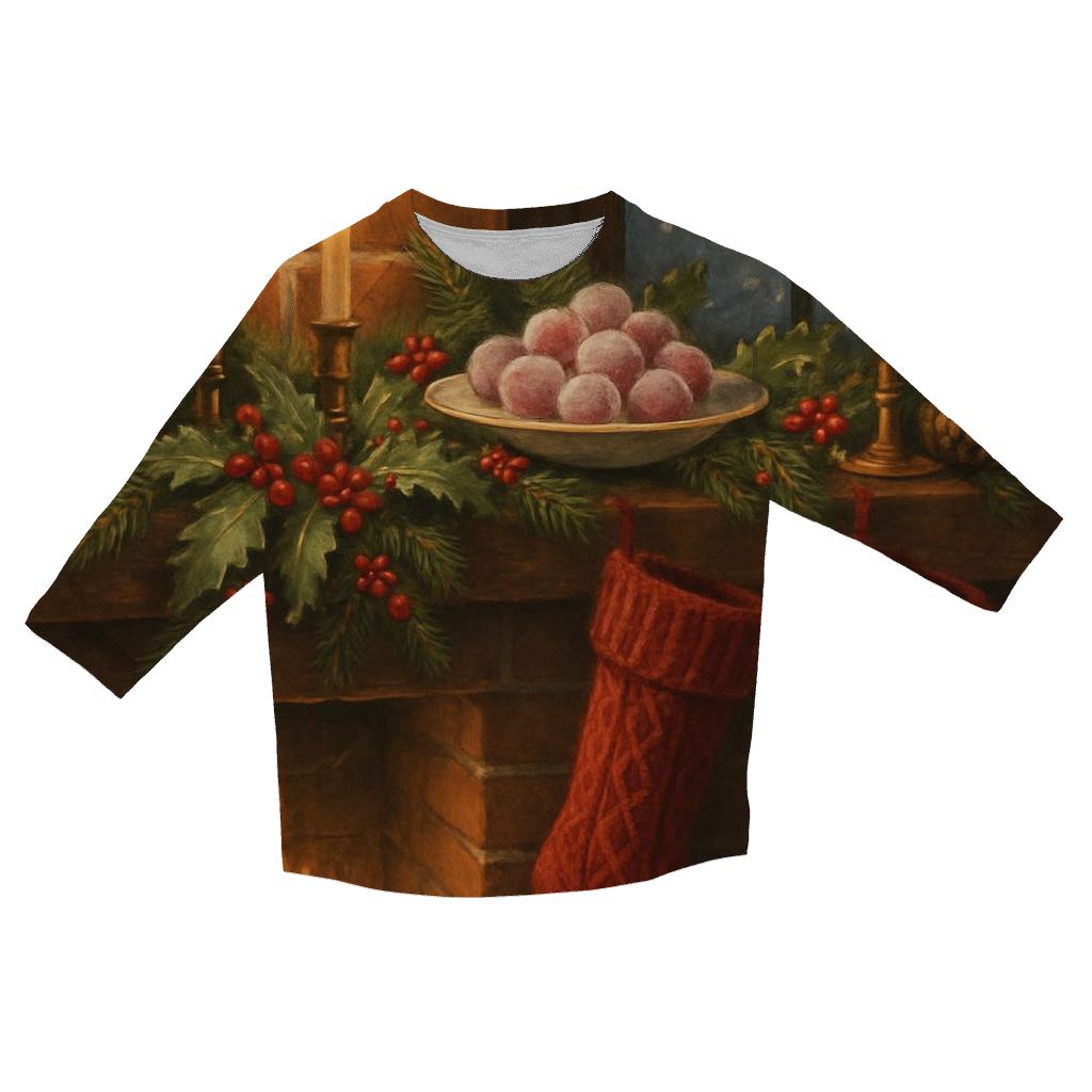 Candlelit Mantel Under Evergreen Snow trendy 3/4 sleeve tops