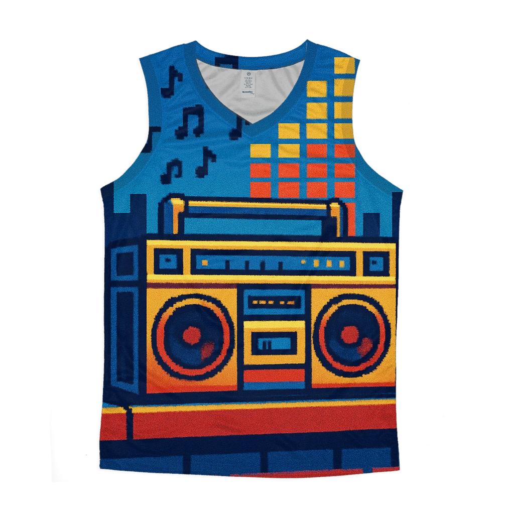 Pixel Boombox Skyline graphic print tank tops