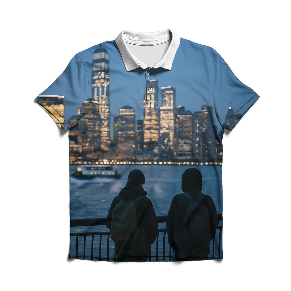Blue Hour Commute From Hoboken Pier embroidered polo tops