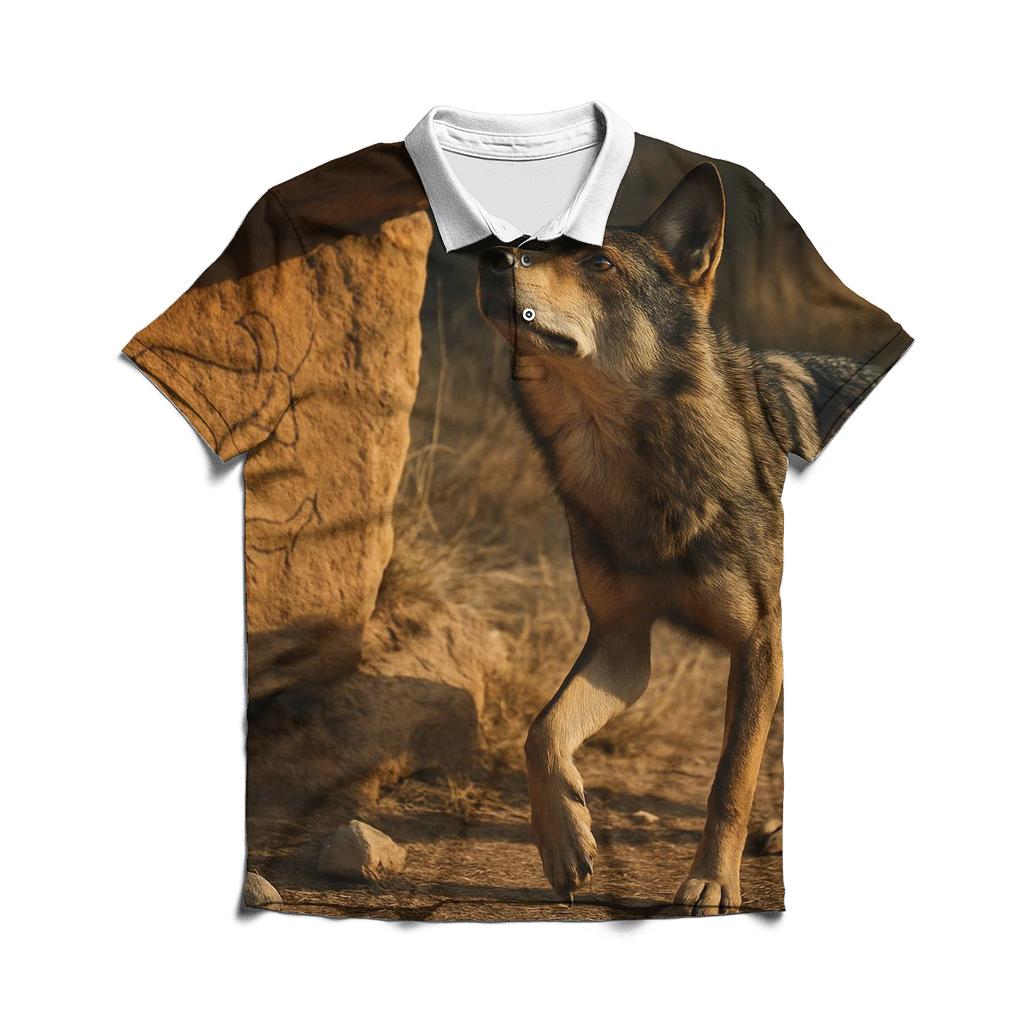 Iberian Wolf At Ancient Rock Art Shelter casual sports polo shirts