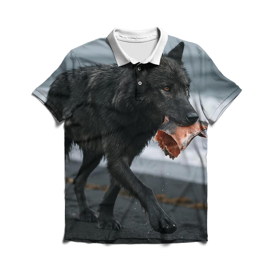Coastal Timber Wolf On Volcanic Black Sand stylish collar polo tees