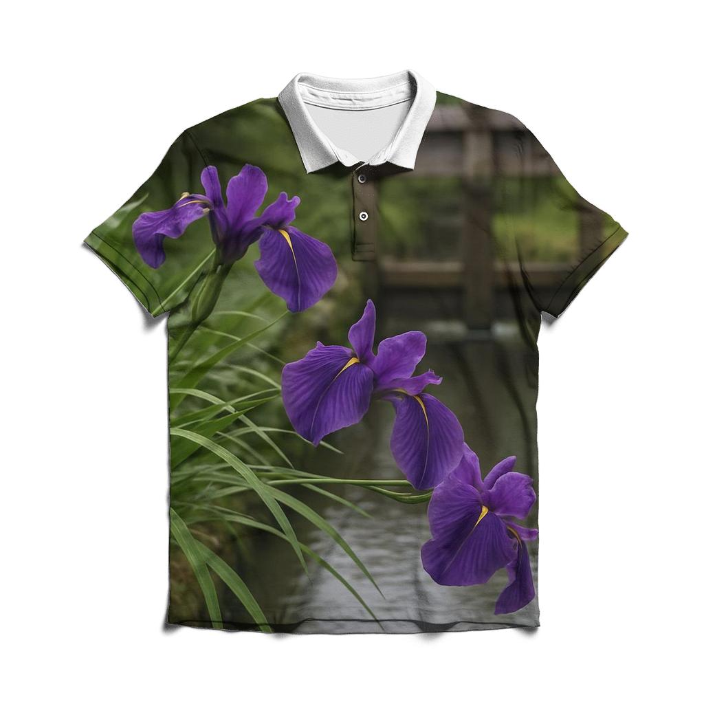 Japanese Iris Beside A Wooden Water Gate branded logo polo shirts