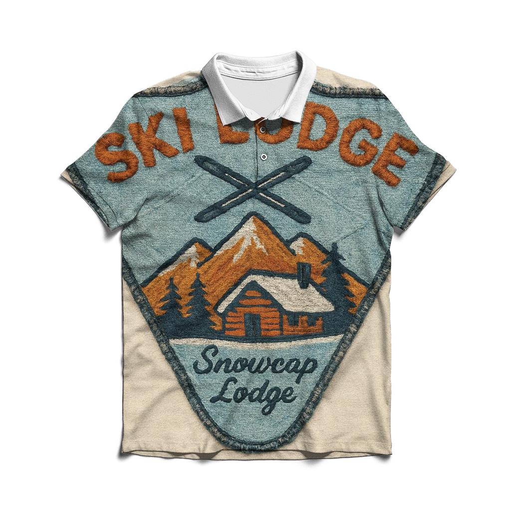 Retro Ski Lodge Patch With Worn Thread Texture branded logo polo shirts