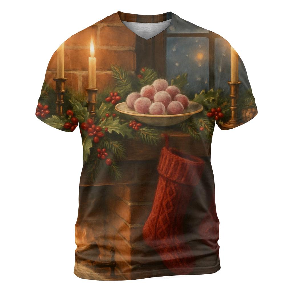 Candlelit Mantel Under Evergreen Snow unique graphic print tees