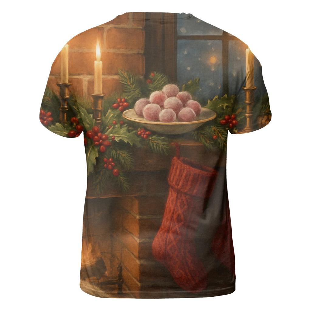 Candlelit Mantel Under Evergreen Snow unique graphic print tees