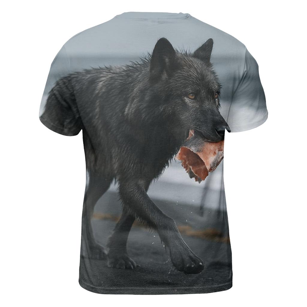Coastal Timber Wolf On Volcanic Black Sand unique graphic print tees