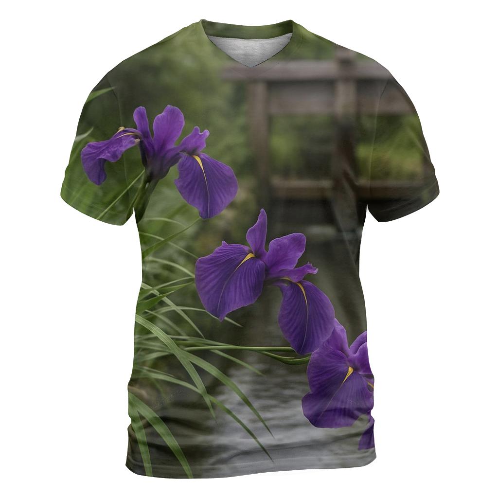 Japanese Iris Beside A Wooden Water Gate trendy printed shirt styles