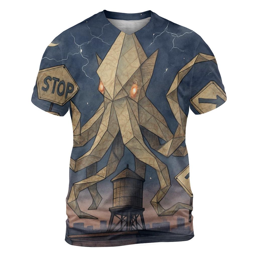Origami Kraken Skyline vibrant all-over design tees
