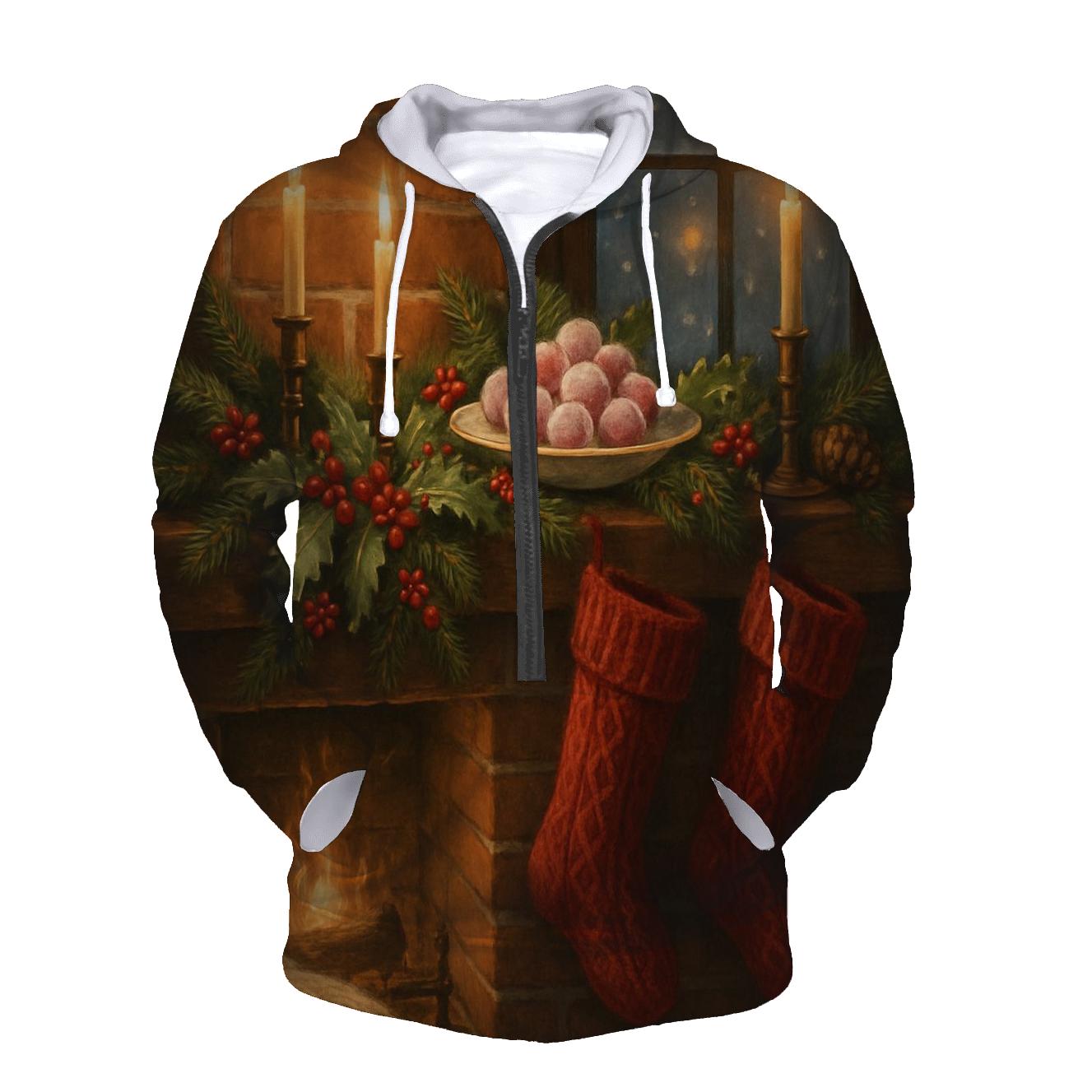 Candlelit Mantel Under Evergreen Snow premium hoodies