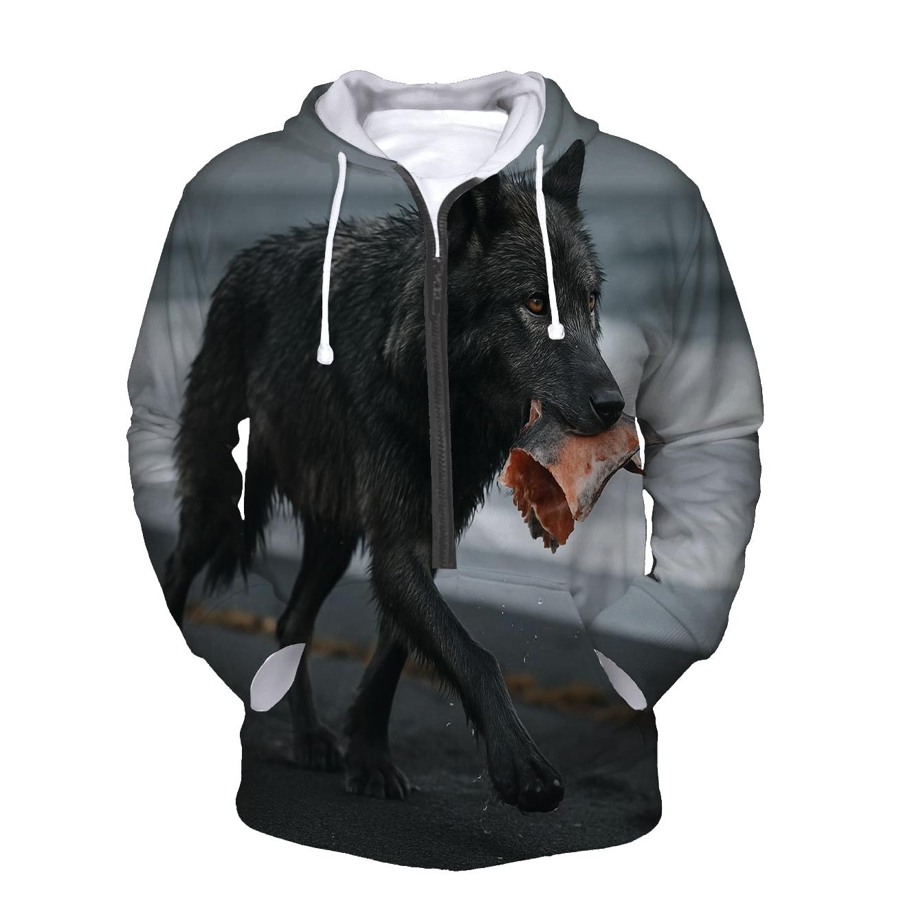 Coastal Timber Wolf On Volcanic Black Sand embroidered hoodies