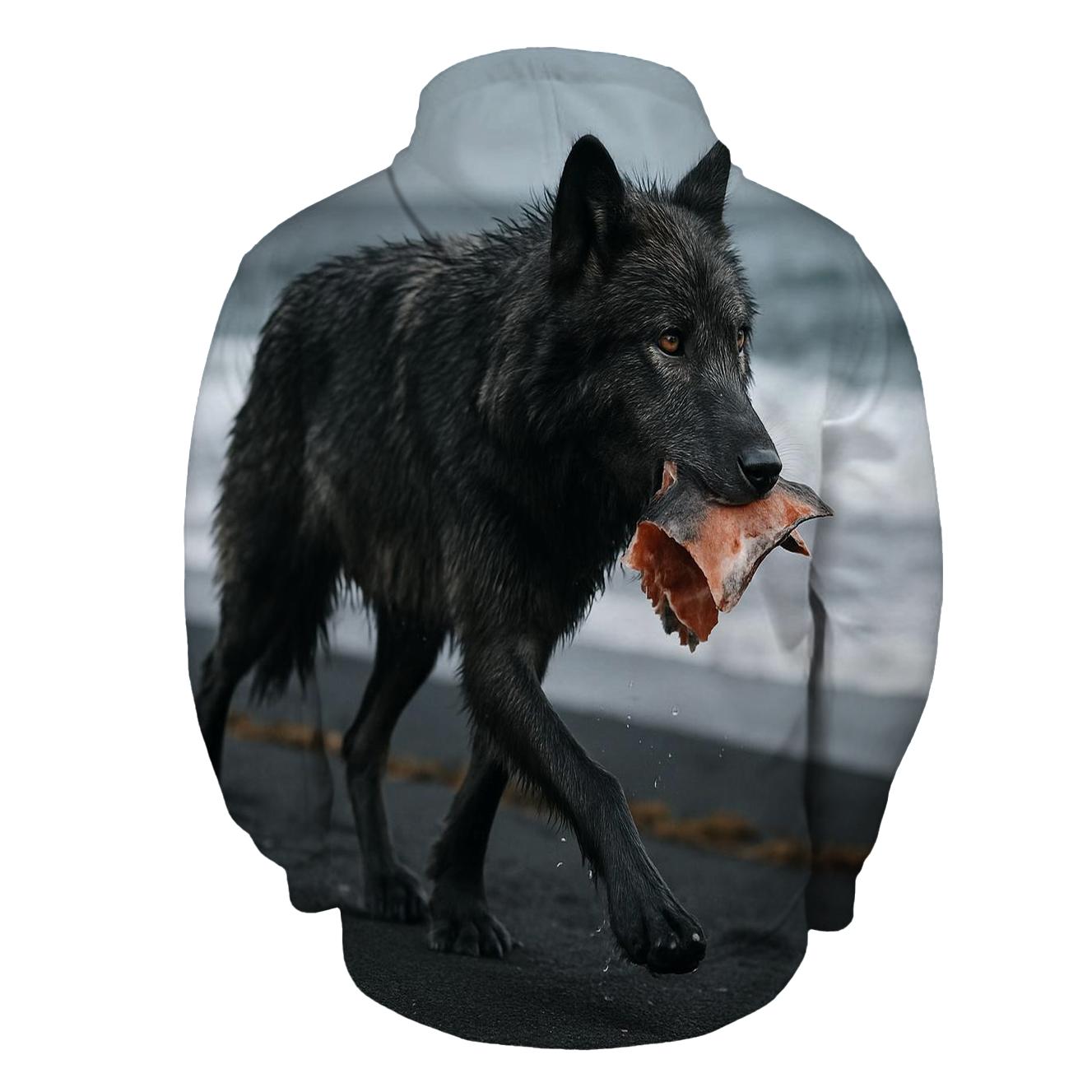Coastal Timber Wolf On Volcanic Black Sand embroidered hoodies
