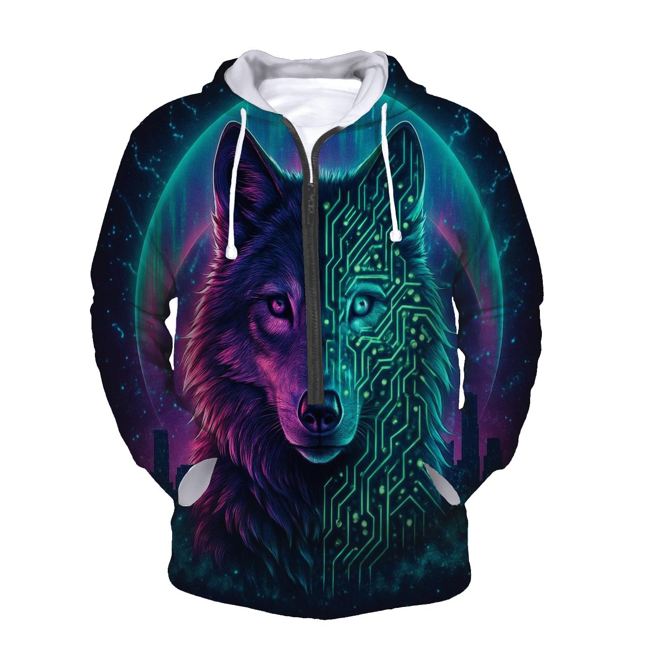 Aurora Circuit Wolf Sentinel premium hoodies