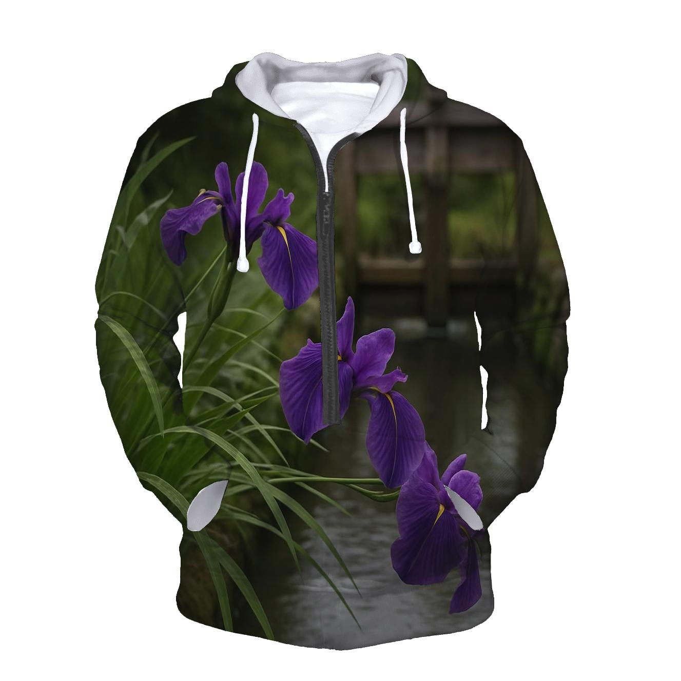 Japanese Iris Beside A Wooden Water Gate premium hoodies