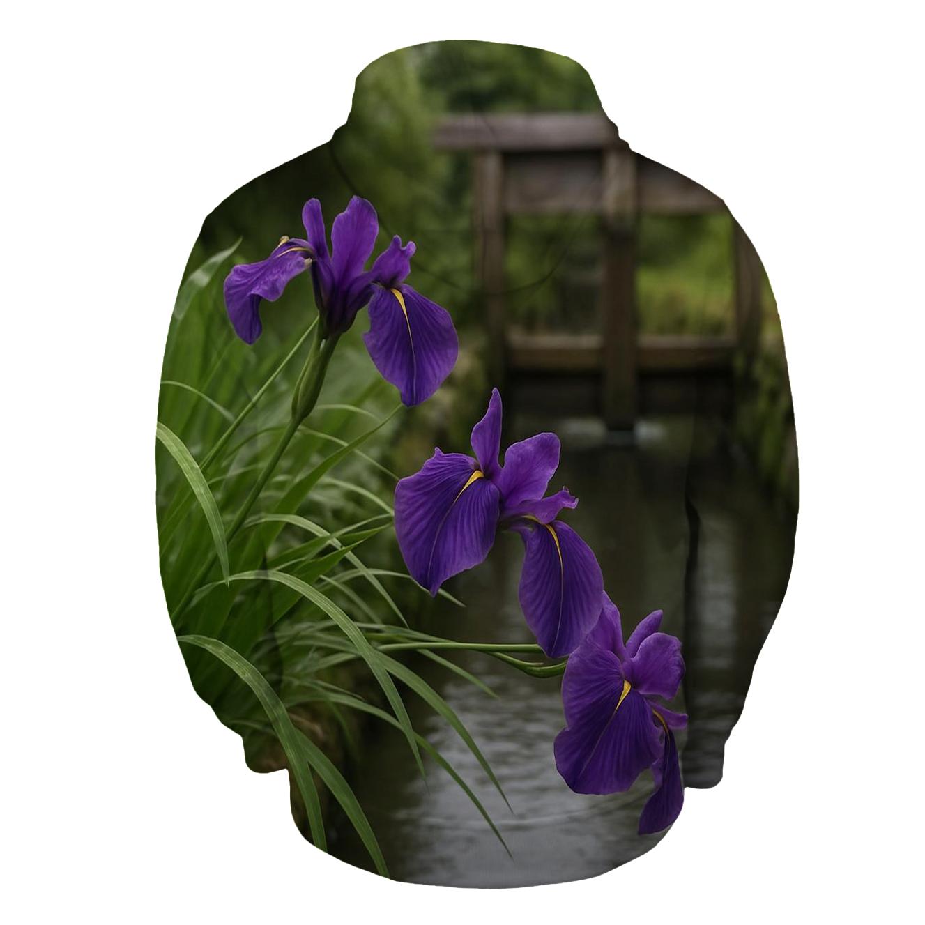 Japanese Iris Beside A Wooden Water Gate premium hoodies