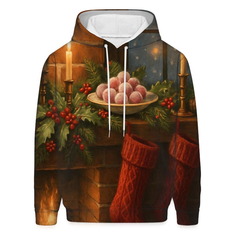 Candlelit Mantel Under Evergreen Snow embroidered hoodies