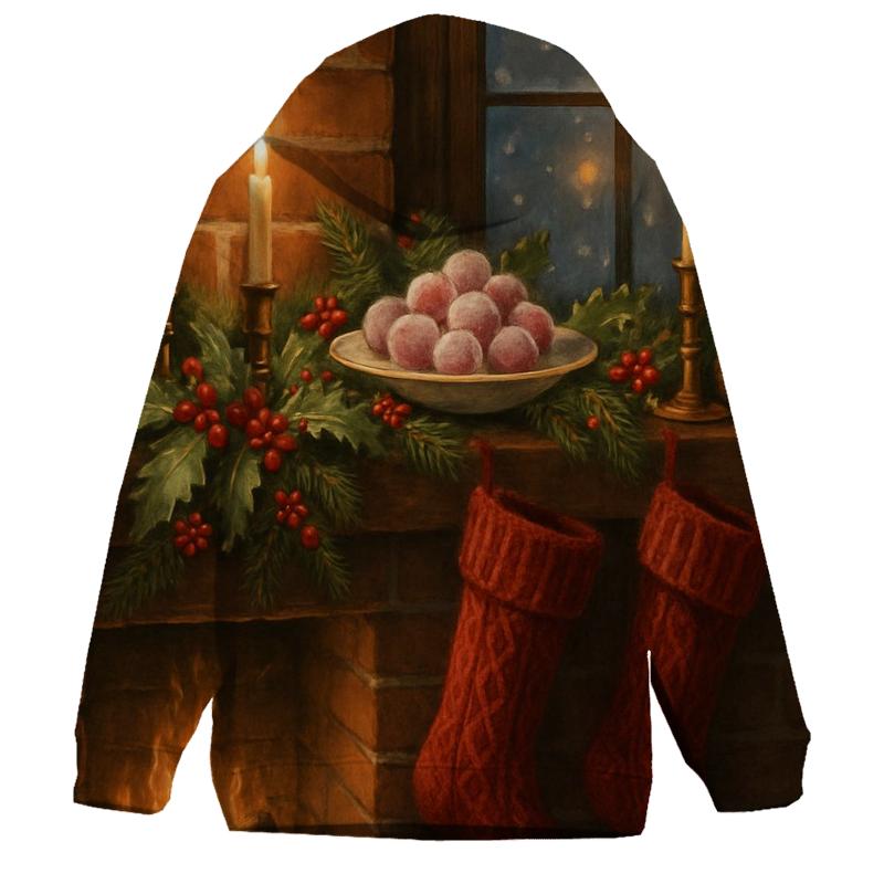 Candlelit Mantel Under Evergreen Snow embroidered hoodies