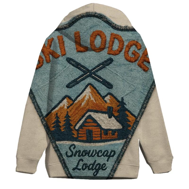 Retro Ski Lodge Patch With Worn Thread Texture embroidered hoodies