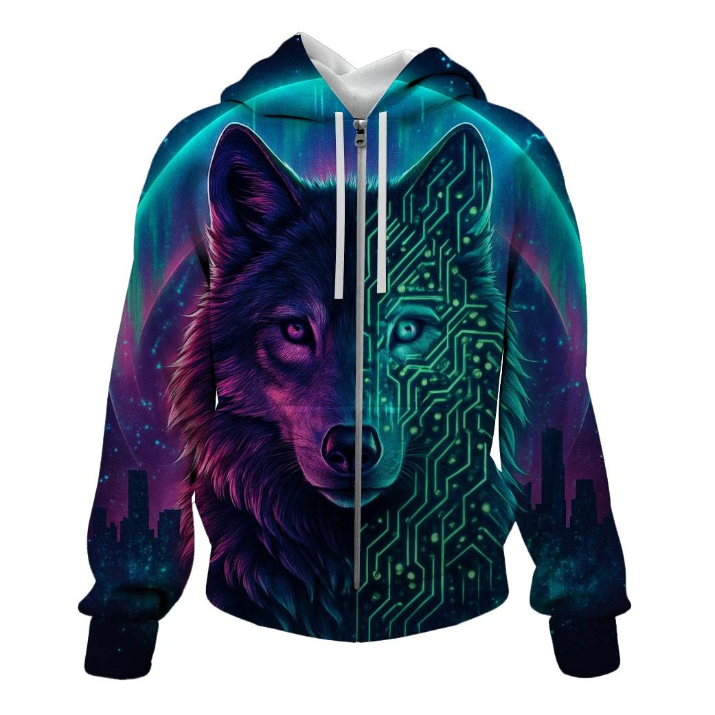 Aurora Circuit Wolf Sentinel zip-up hoodies