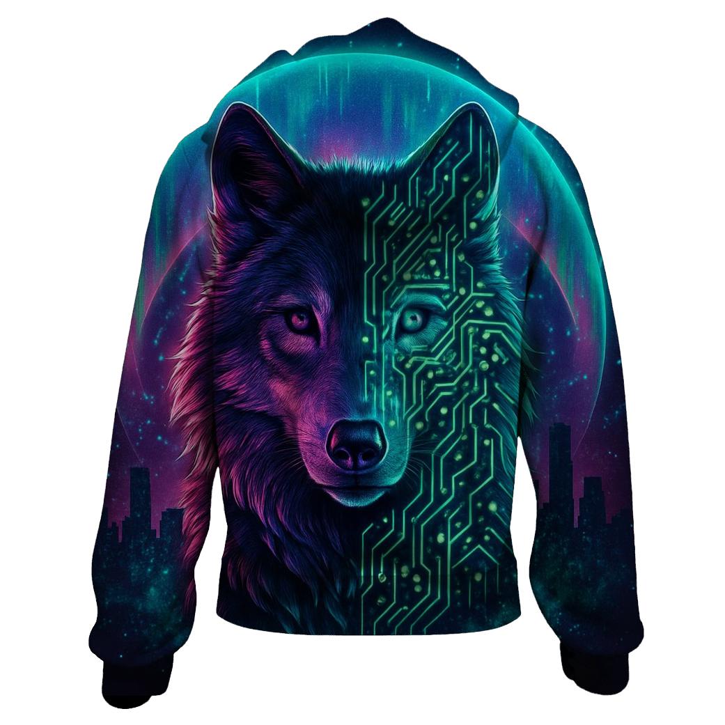 Aurora Circuit Wolf Sentinel zip-up hoodies