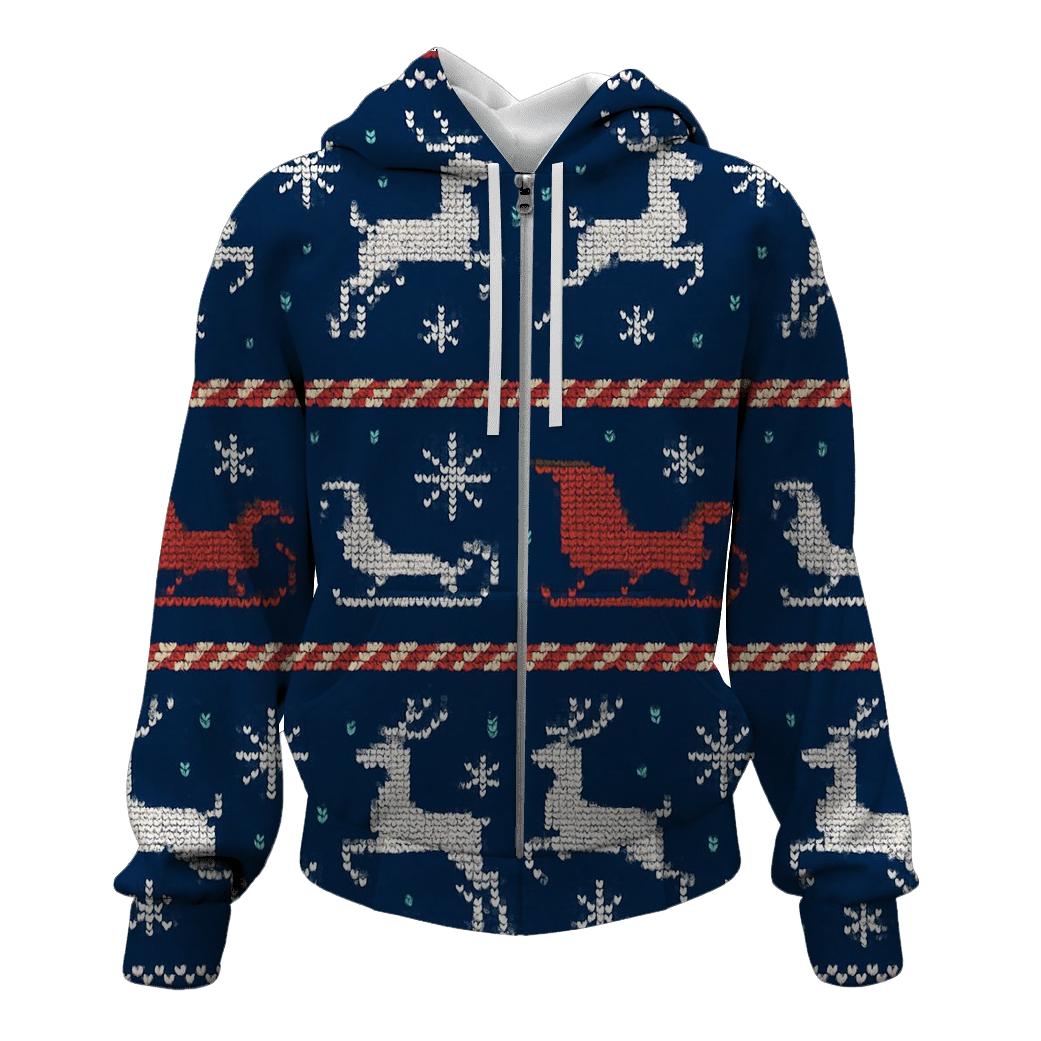 Reindeer Sleigh Road Stripe Grid Design zip-up hoodies