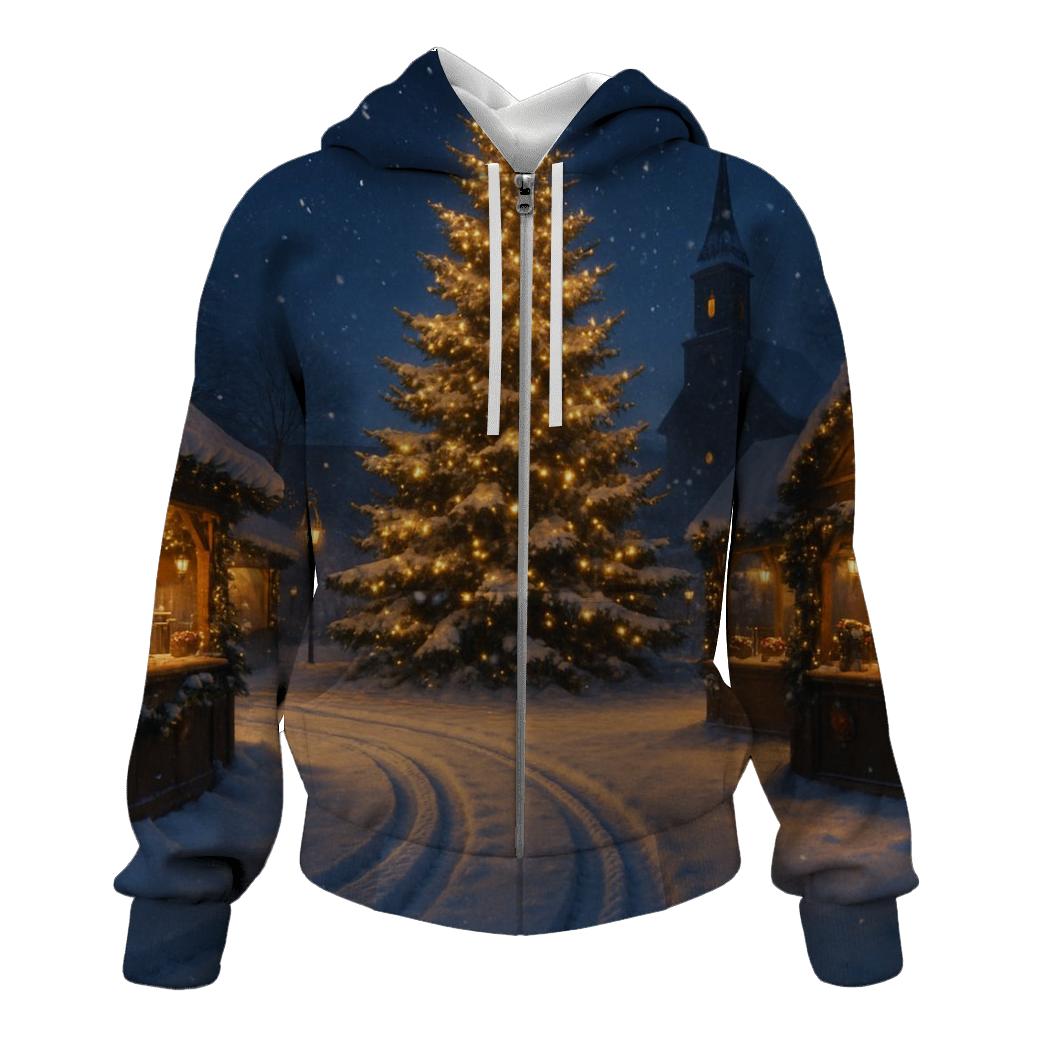 Midnight Sleigh Tracks Beside The Village Tree embroidered hoodies