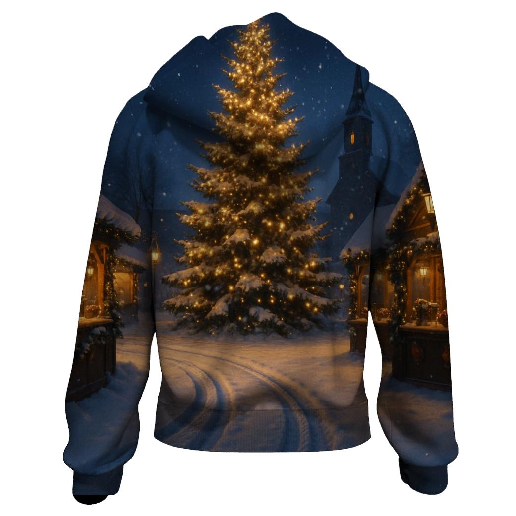 Midnight Sleigh Tracks Beside The Village Tree embroidered hoodies