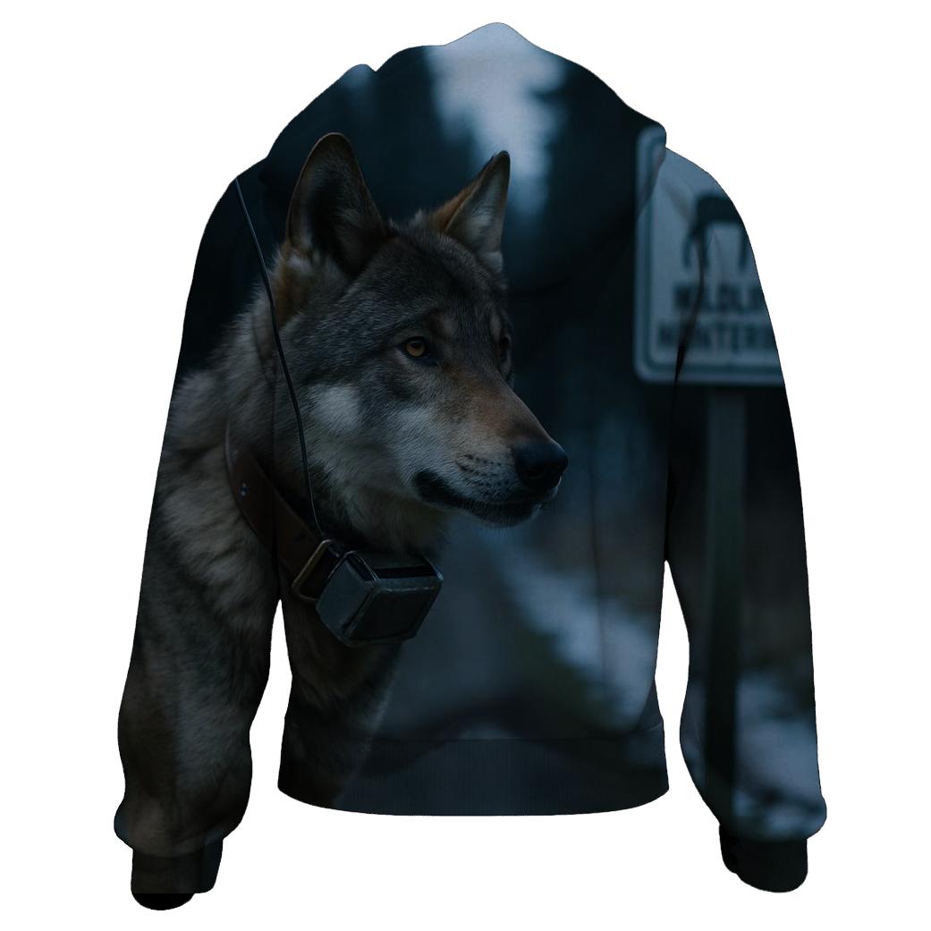 Collared Wolf Under Alpine Research Tagging Sign graphic hoodies