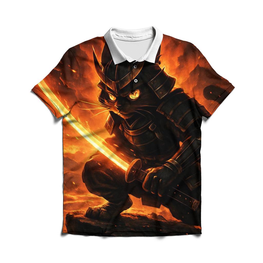 Volcanic Samurai Cat In Ember Armor premium cotton polo shirts