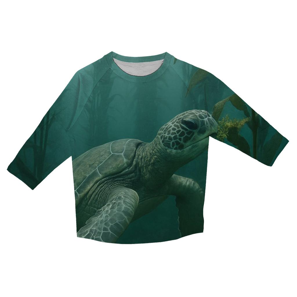 Kelp Forest Glide — Green Sea Turtle printed three quarter sleeve shirts