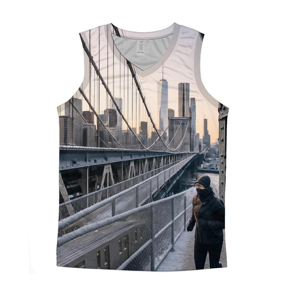 Snowy Dawn On The Manhattan Bridge Walkway Toward Downtown personalized athletic tanks