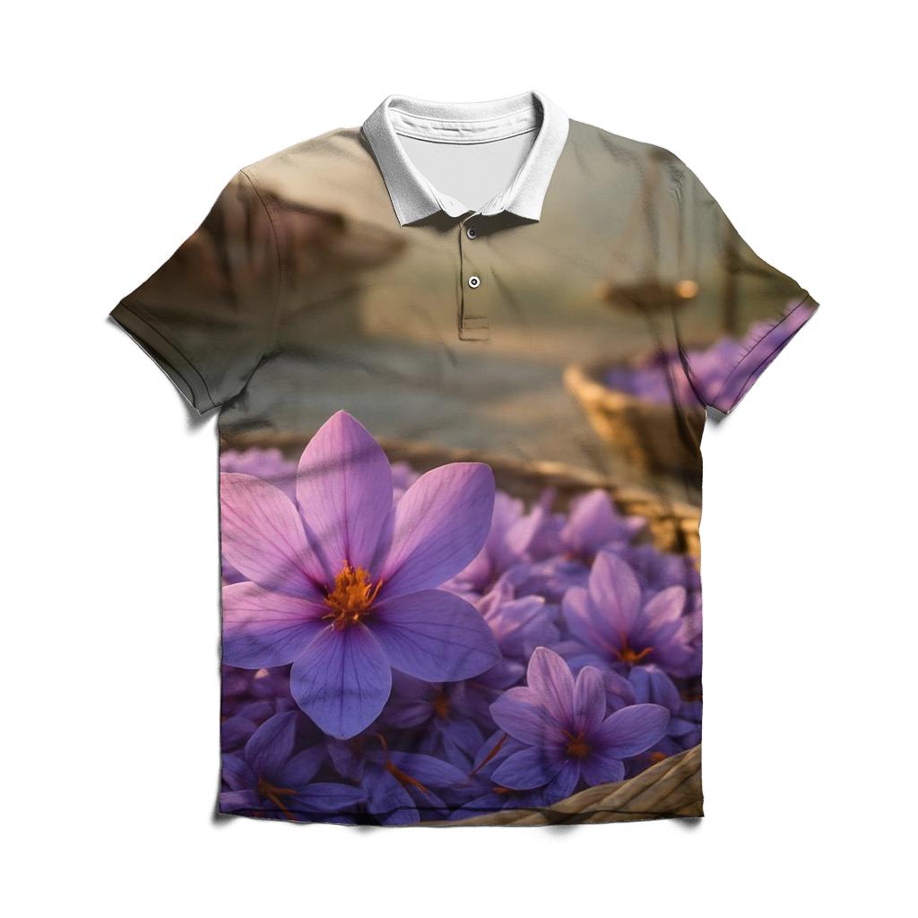 Saffron Crocus Harvest Trays At Dawn premium cotton polo shirts