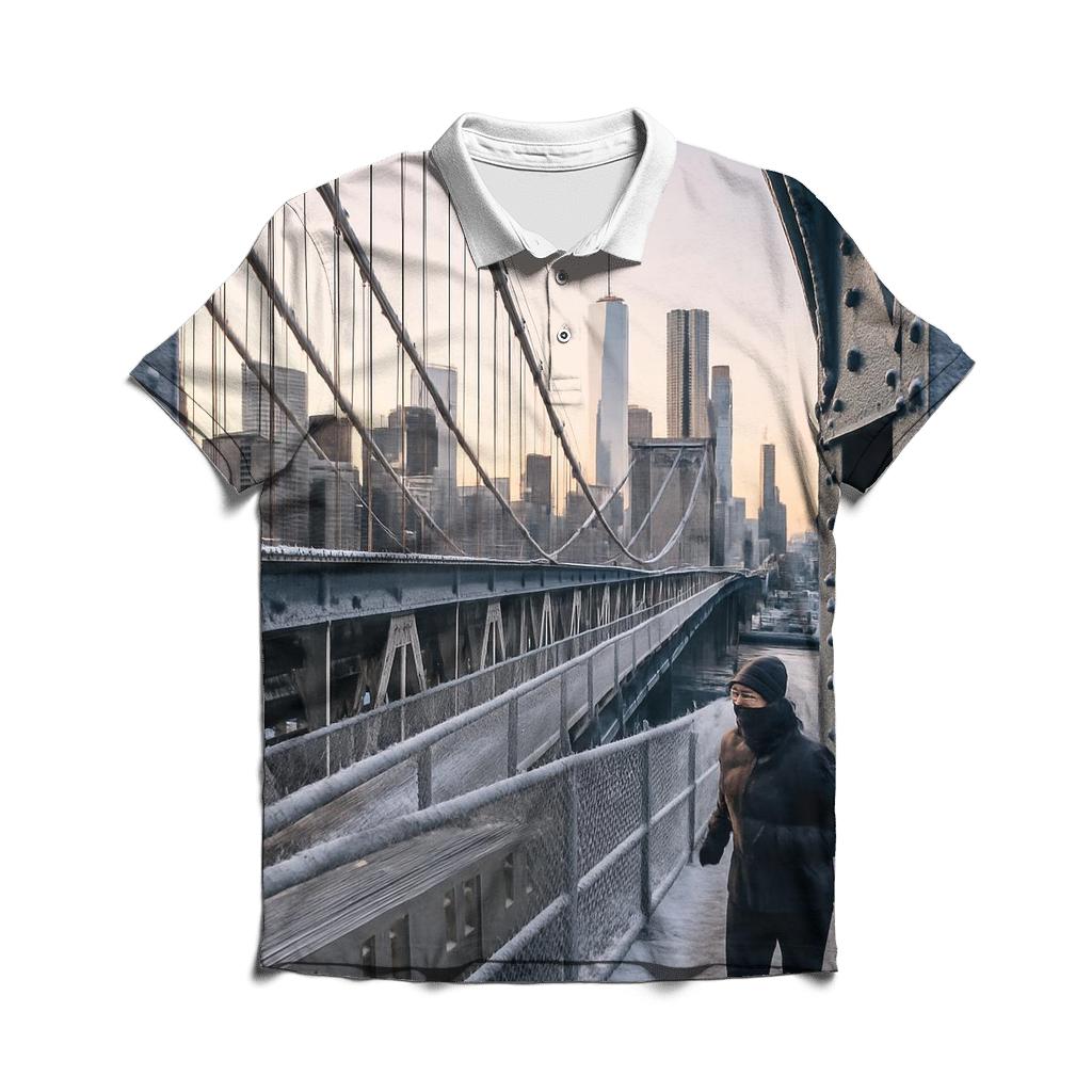 Snowy Dawn On The Manhattan Bridge Walkway Toward Downtown casual sports polo shirts