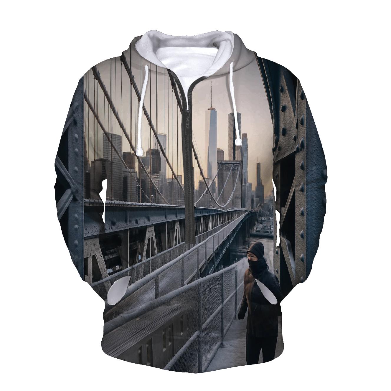 Snowy Dawn On The Manhattan Bridge Walkway Toward Downtown printed hoodies