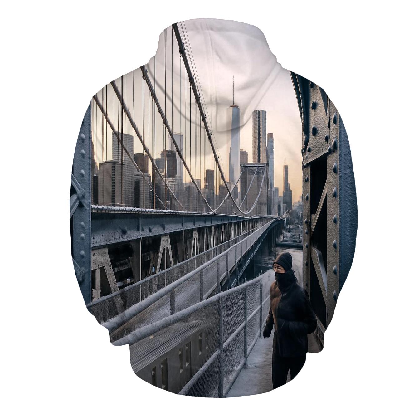 Snowy Dawn On The Manhattan Bridge Walkway Toward Downtown printed hoodies
