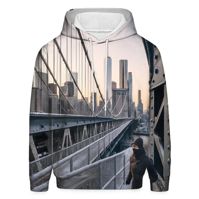 Snowy Dawn On The Manhattan Bridge Walkway Toward Downtown pullover hoodies