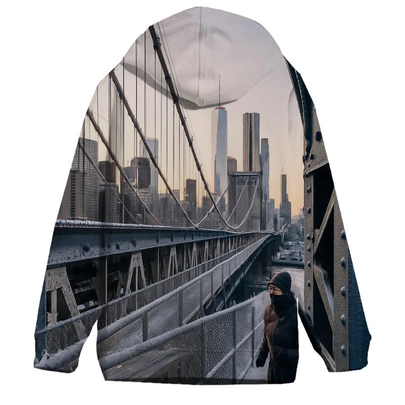 Snowy Dawn On The Manhattan Bridge Walkway Toward Downtown pullover hoodies