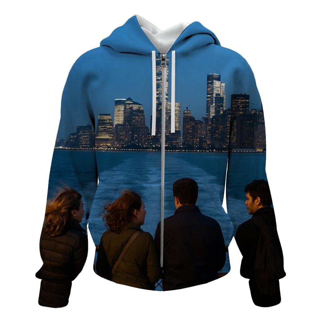 Ferry Wake At Blue Hour Below The Lower Manhattan Skyline embroidered hoodies